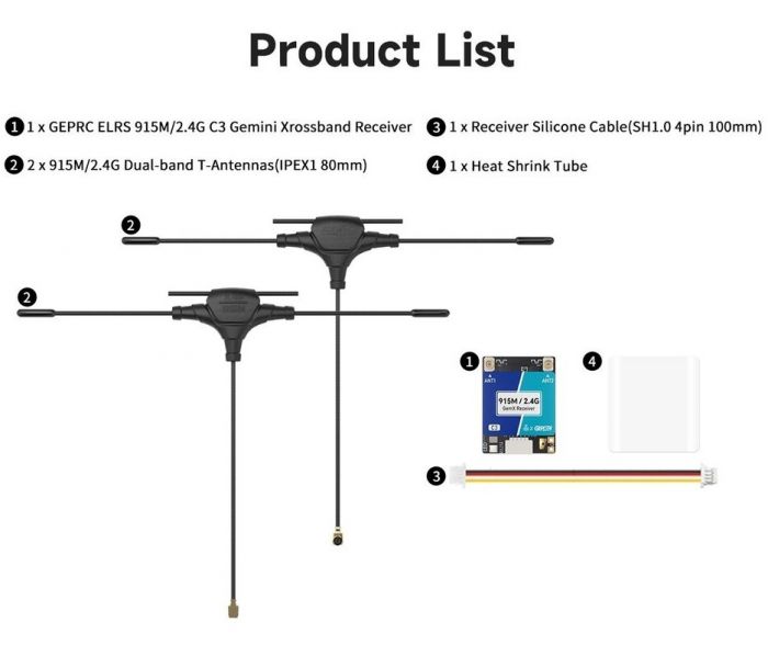 Приймач RX ELRS Gemini Xrossband 900MHz/2.4GHz LR1121 з двома антенами GEPRC