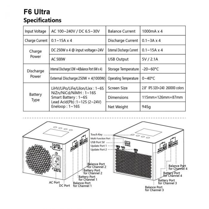 Зарядний пристрій HOTA F6 Ultra (AC 500W/ DC 1000W)