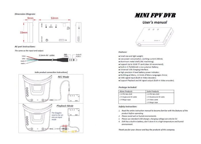 Відеореєстратор FPV Readytosky Mini DVR з акумулятором (чорний)
