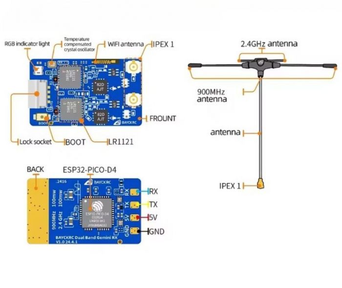 Приймач RX ELRS Dual Band Gemini 900MHz/2.4GHz LR1121 з двома антенами 80 мм+120 мм BAYCKRC