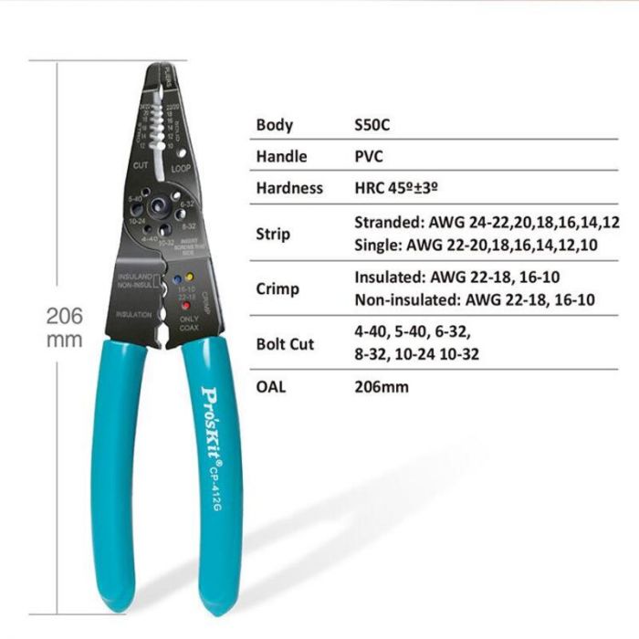 Кліщі для обтиску та зачистки кабеля CP-412G Pro'sKit