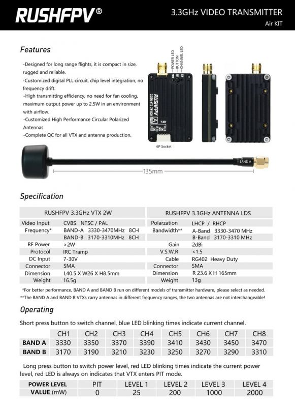 Відеопередавач VTX 3.3GHz 2W 8CH RHSH200 RushFPV