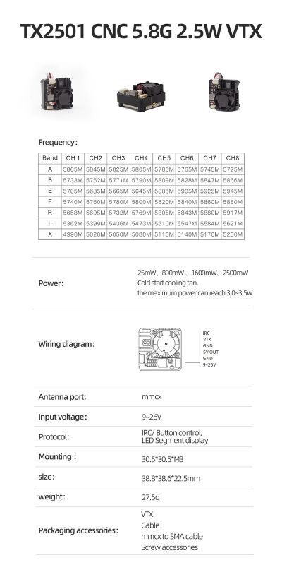 Відеопередавач VTX 4.9-5.8GHz 2.5W 56CH (L,X band) TX2501 SKYZONE