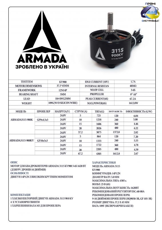 Мотор для квадрокоптерів ARMADA 3115 900KV 3-6S 1620 Вт (для FPV дронів 10")