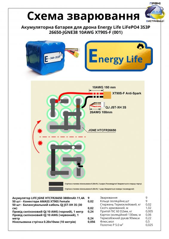 Акумуляторна батарея 3S3P Energy Life 11400 мАч 26650-JGNE3800 LiFePO4 10AWG XT90S-F (001)