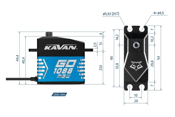 Сервопривід 45г Kavan GO-1088MGW 74кг/0.125с/8.4В