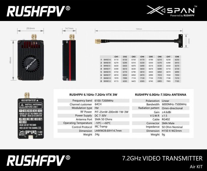 Відеопередавач RushFPV XSPAN 6.1G-7.2G 64CH 3W rush vtx 7.2