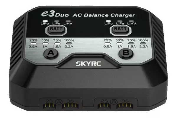 Зарядний пристрій дуо SkyRC e3 duo 20Wx2 2.2A з/БЖ для Li-Pol/Li-Fe/Li-HV 2-3S акумуляторів (SK-100164)