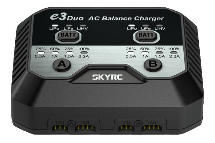 Зарядний пристрій дуо SkyRC e3 duo 20Wx2 2.2A з/БЖ для Li-Pol/Li-Fe/Li-HV 2-3S акумуляторів (SK-100164)